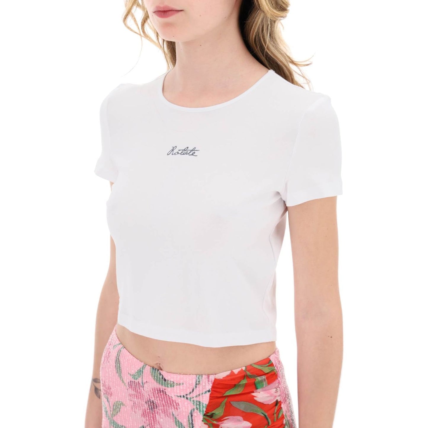 Rotate cropped t-shirt with embroidered lurex logo Topwear Rotate