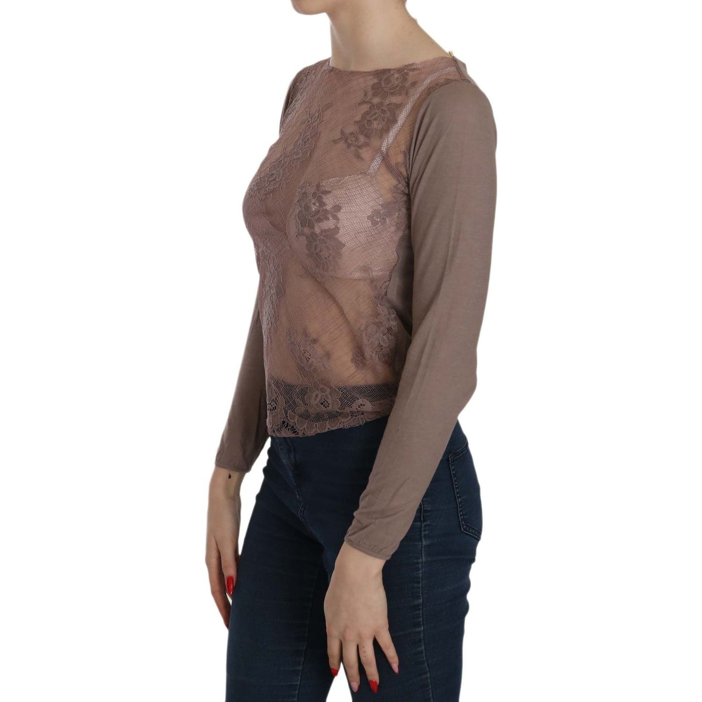 PINK MEMORIES Brown Lace See Through Long Sleeve Top