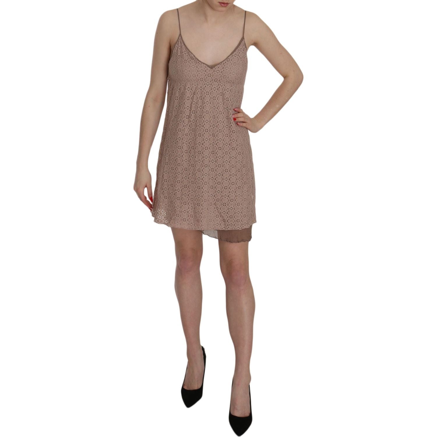 PINK MEMORIES Beige Spaghetti Strap A-line Mini Cotton Dress