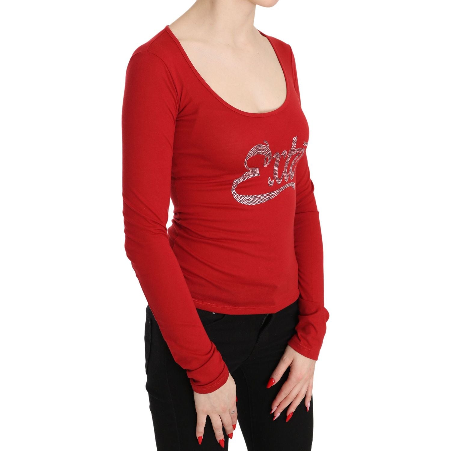 Red Exte Crystal Embellished Long Sleeve Top Blouse