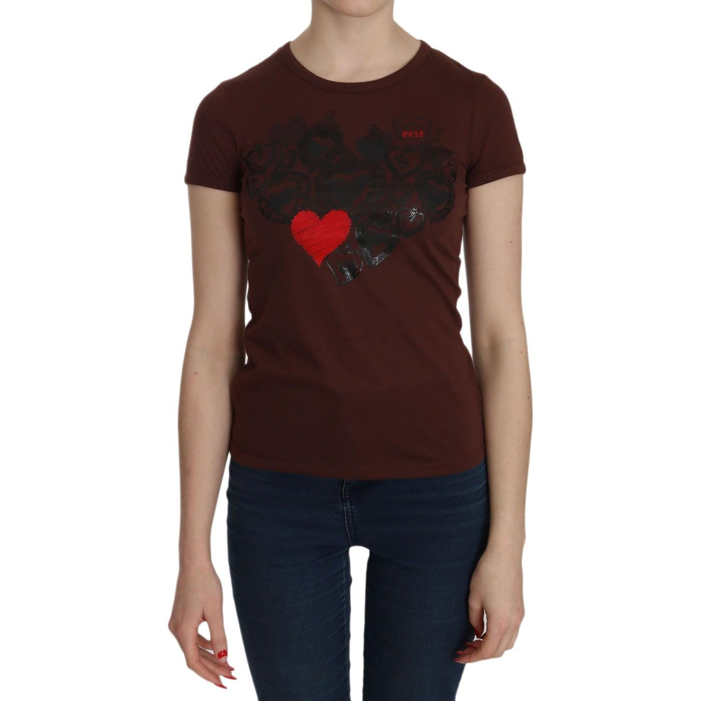 Exte Chic Brown Heart Print Crew Neck Top Exte