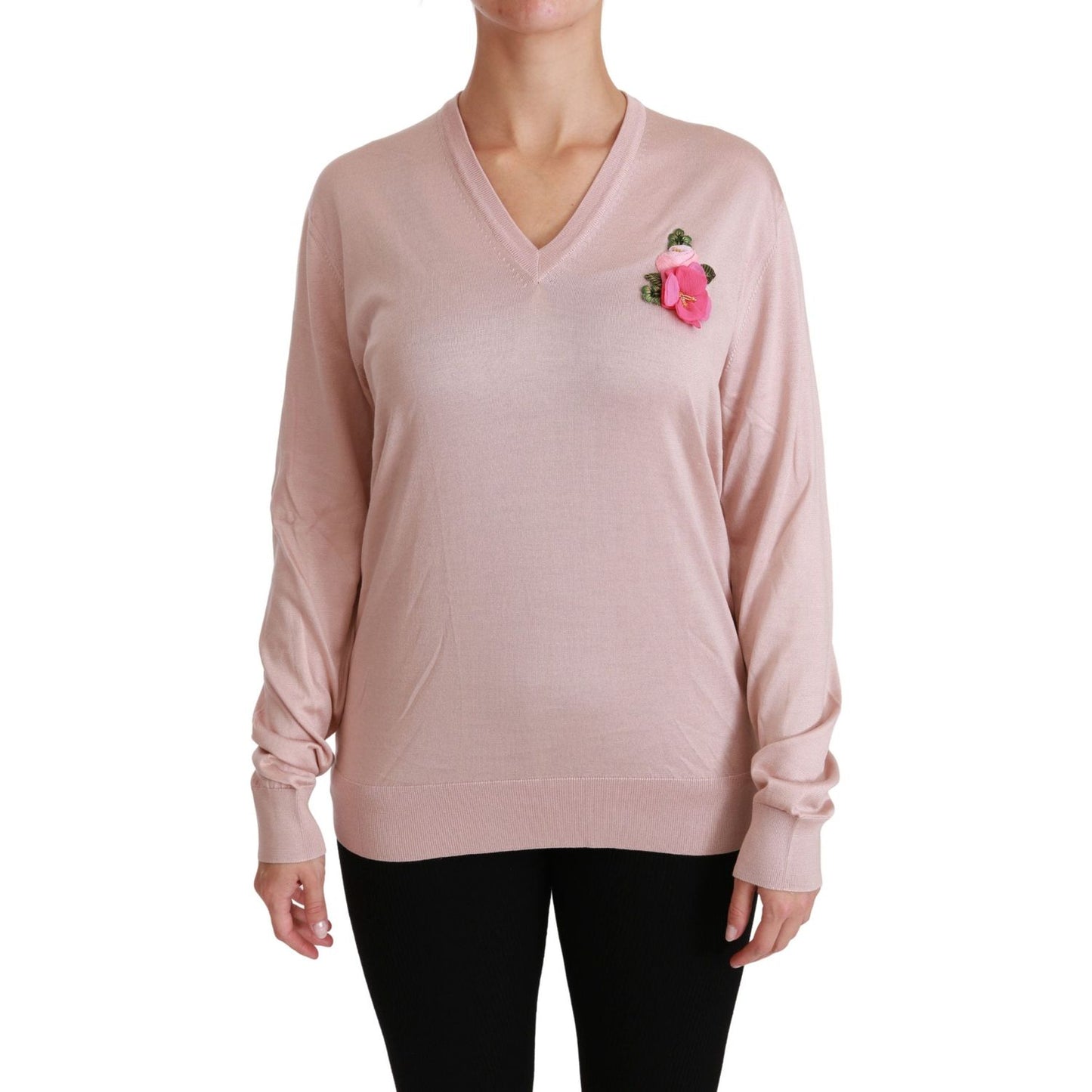 Dolce & Gabbana Pink Floral Silk V-Neck Sweater Dolce & Gabbana