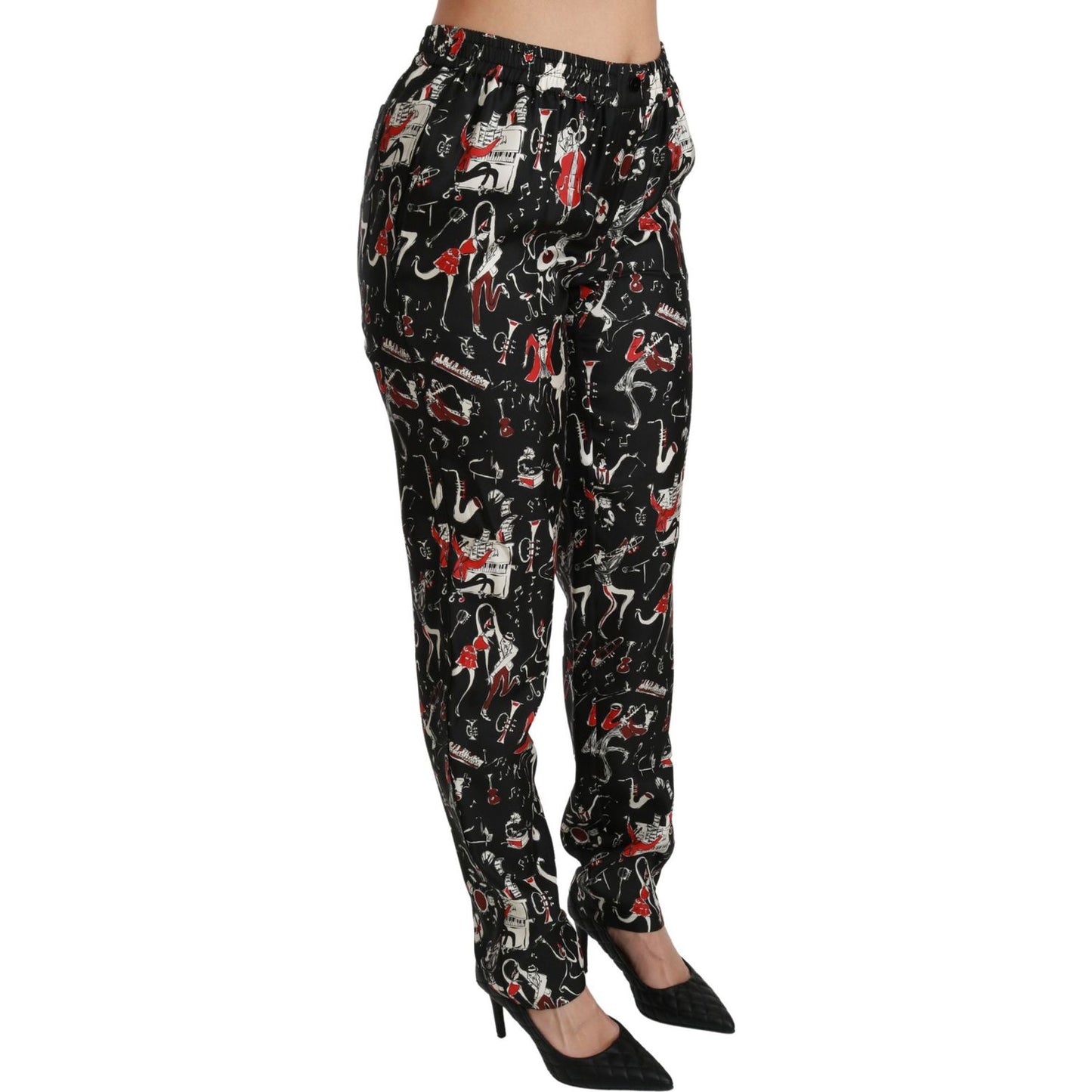 Dolce & Gabbana Black Silk Instrument Mid Waist Pants