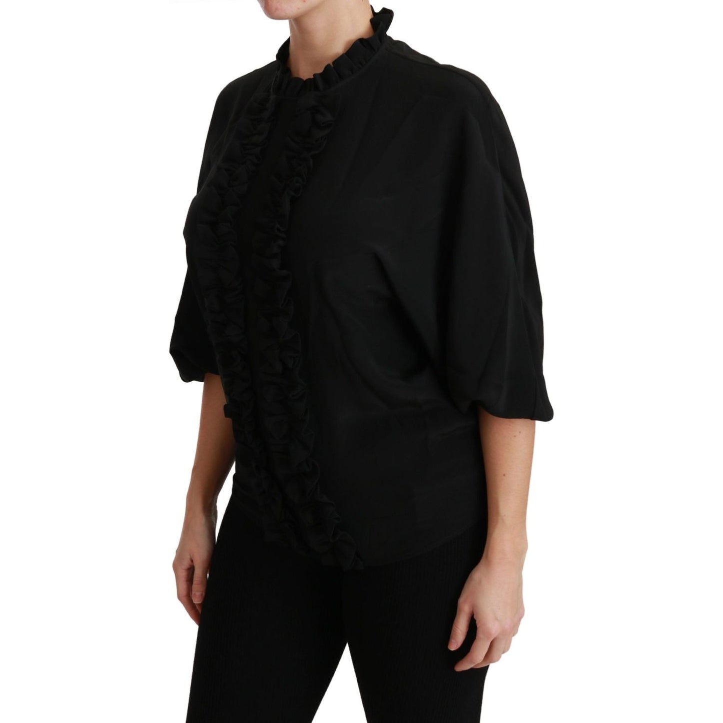 Dolce & Gabbana Black Silk Shirt Ruffled Top Blouse