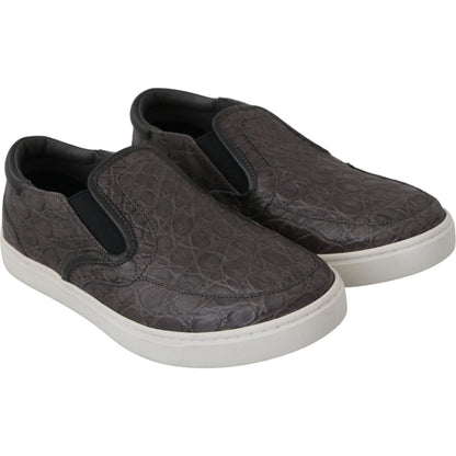 Dolce & Gabbana Gray Leather Flat Caiman Mens Loafers Shoes