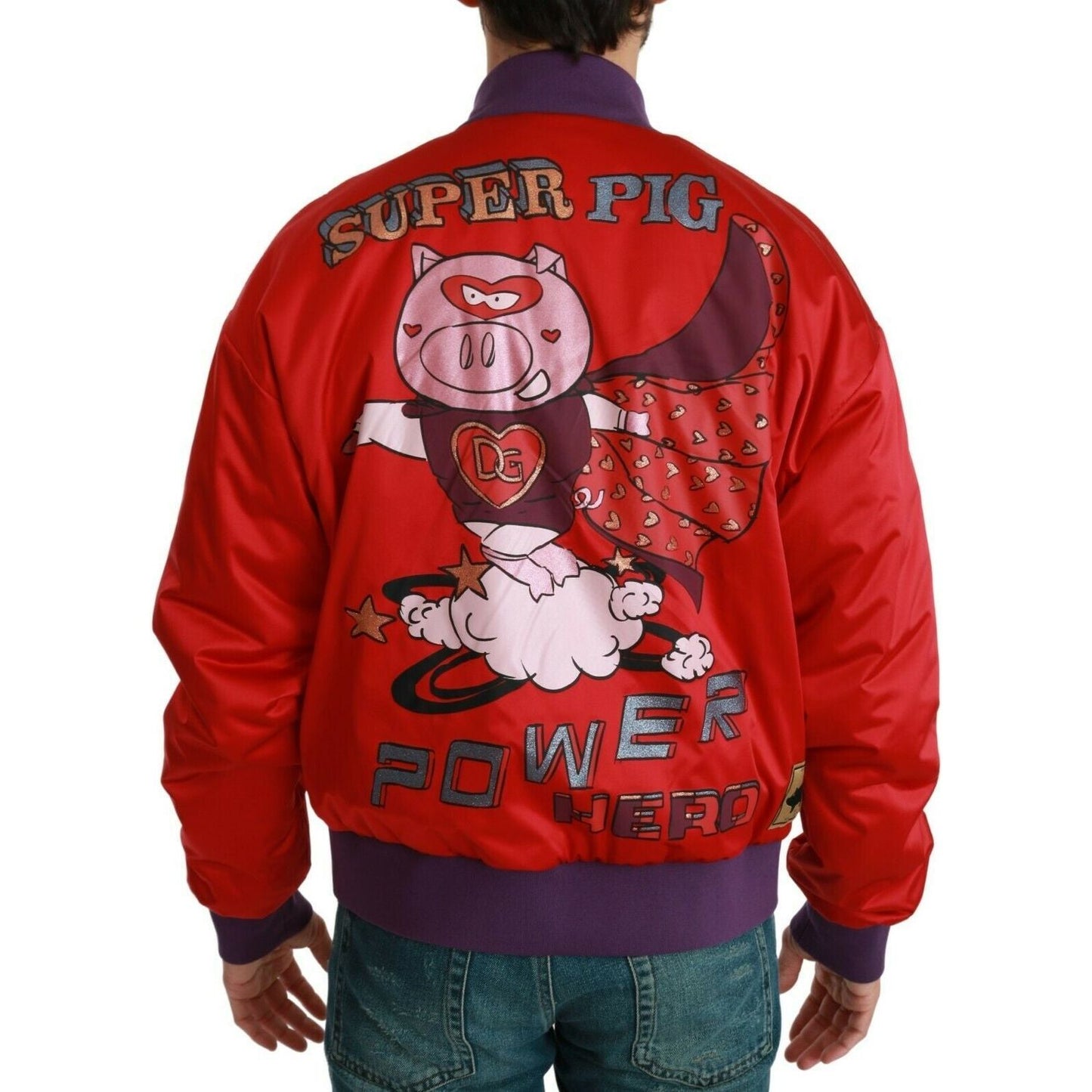 Dolce & Gabbana Vibrant Red Bomber Jacket with Multicolor Motif Coats & Jackets Dolce & Gabbana