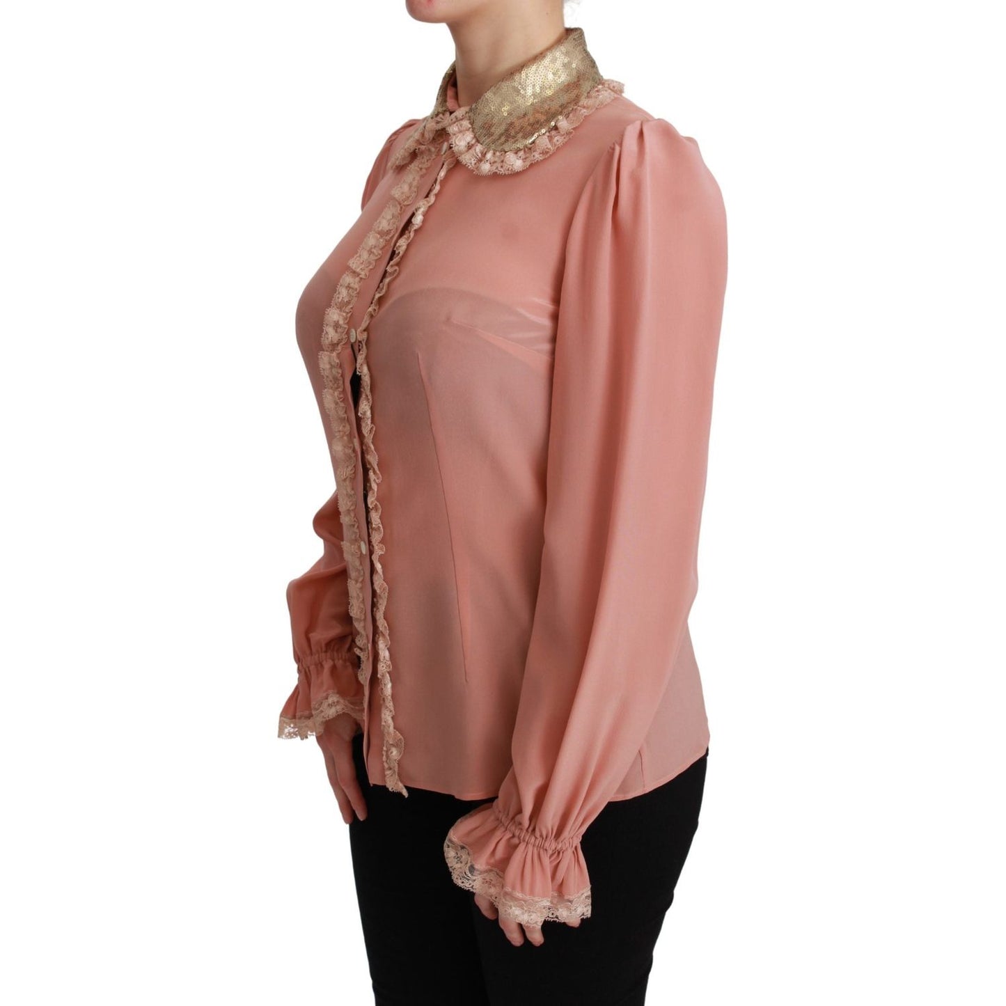 Dolce & Gabbana Elegant Pink Lace Silk Blouse with Gold Sequins Dolce & Gabbana