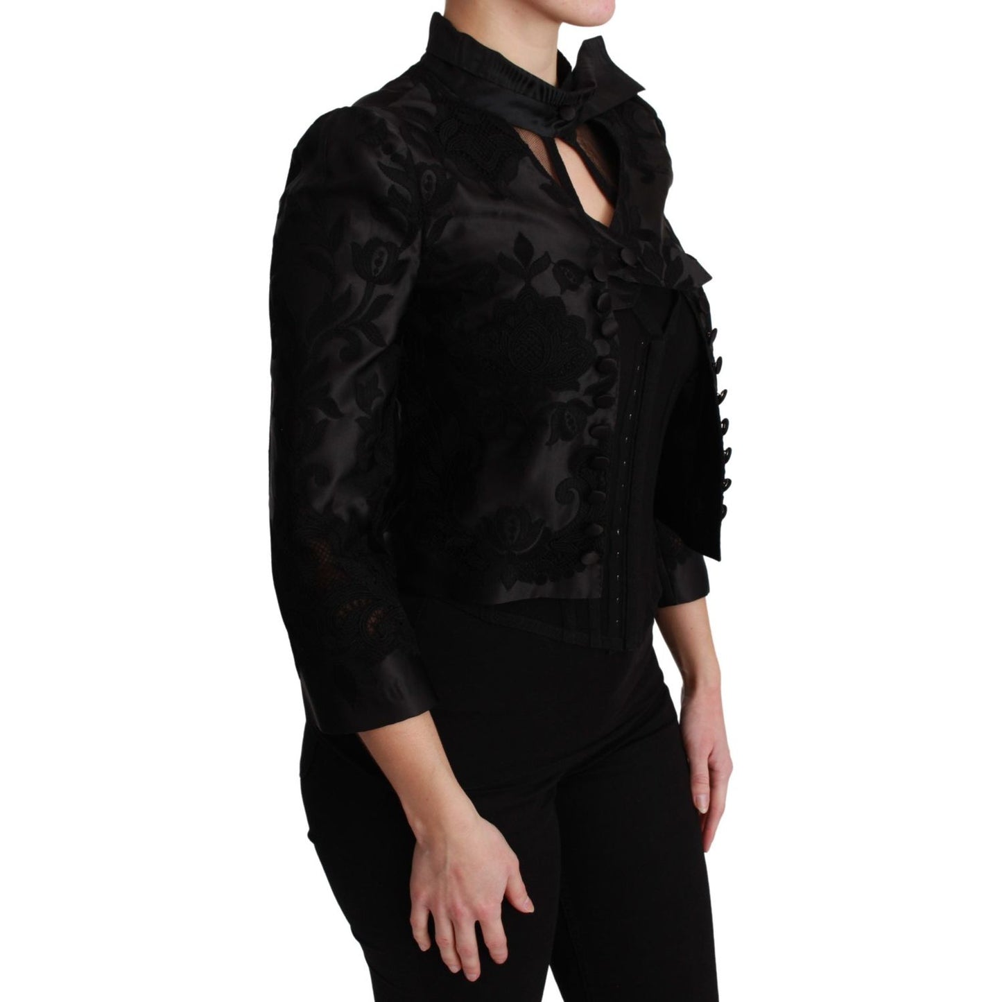 Dolce & Gabbana Black Floral Jacquard Blazer Silk Jacket