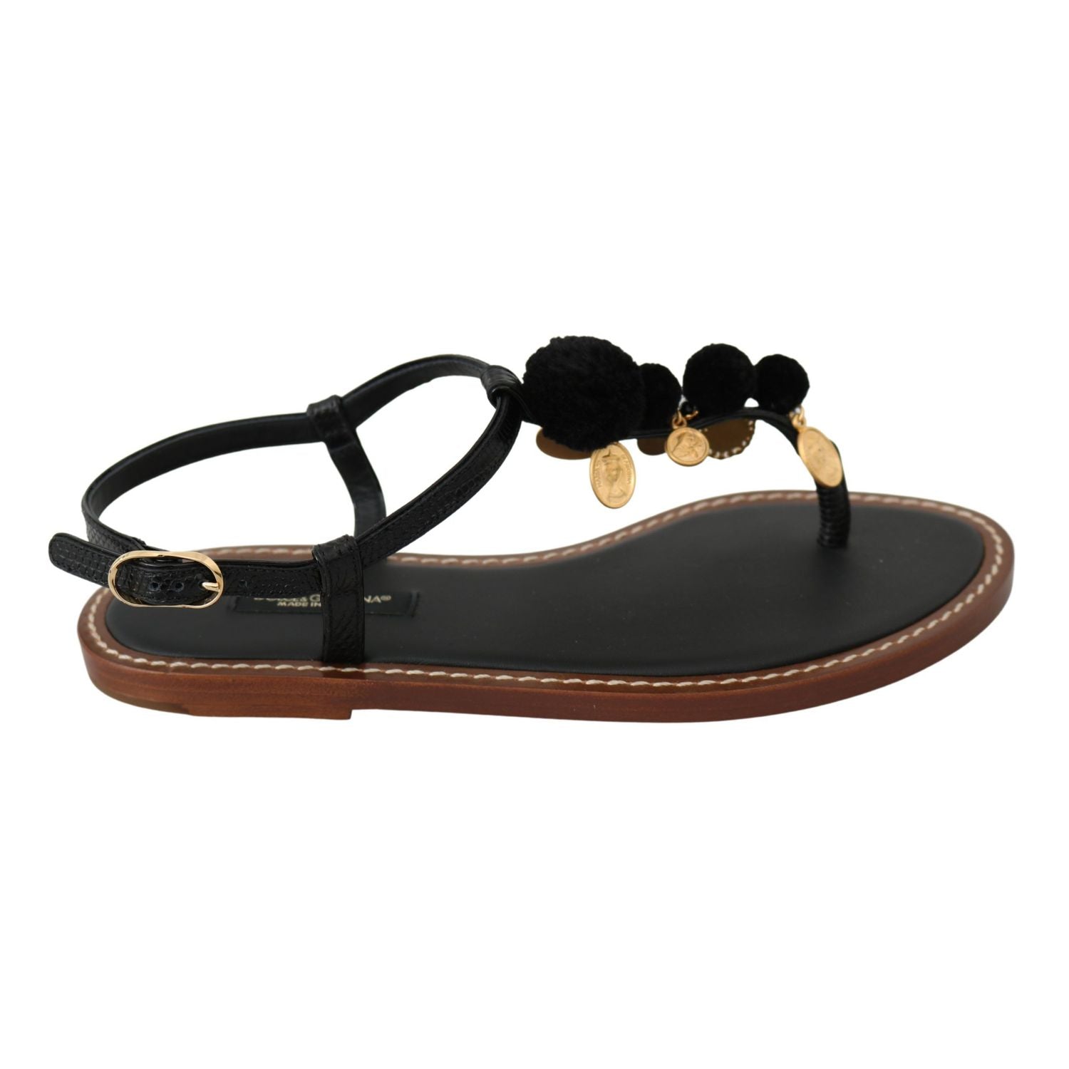 Dolce & Gabbana Black Leather Coins Flip Flops Sandals Shoes
