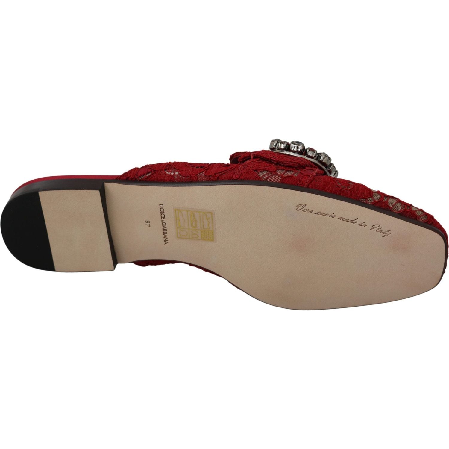 Dolce & Gabbana Red Lace Crystal Slide On Flats Shoes