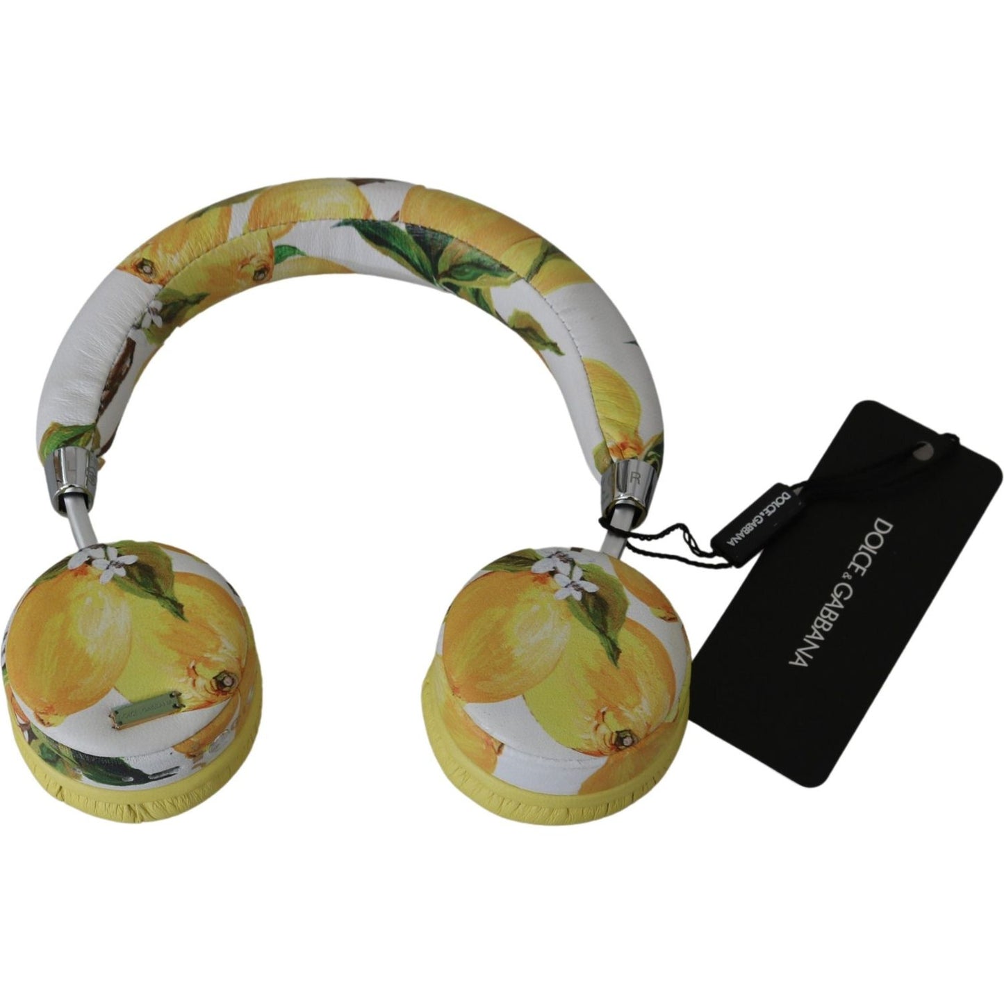 Dolce & Gabbana Chic White Leather Headphones with Yellow Print Dolce & Gabbana