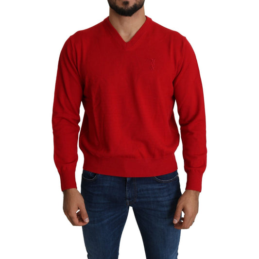 Billionaire Italian Couture Red V-neck Wool Sweatshirt Pullover Sweater Billionaire Italian Couture
