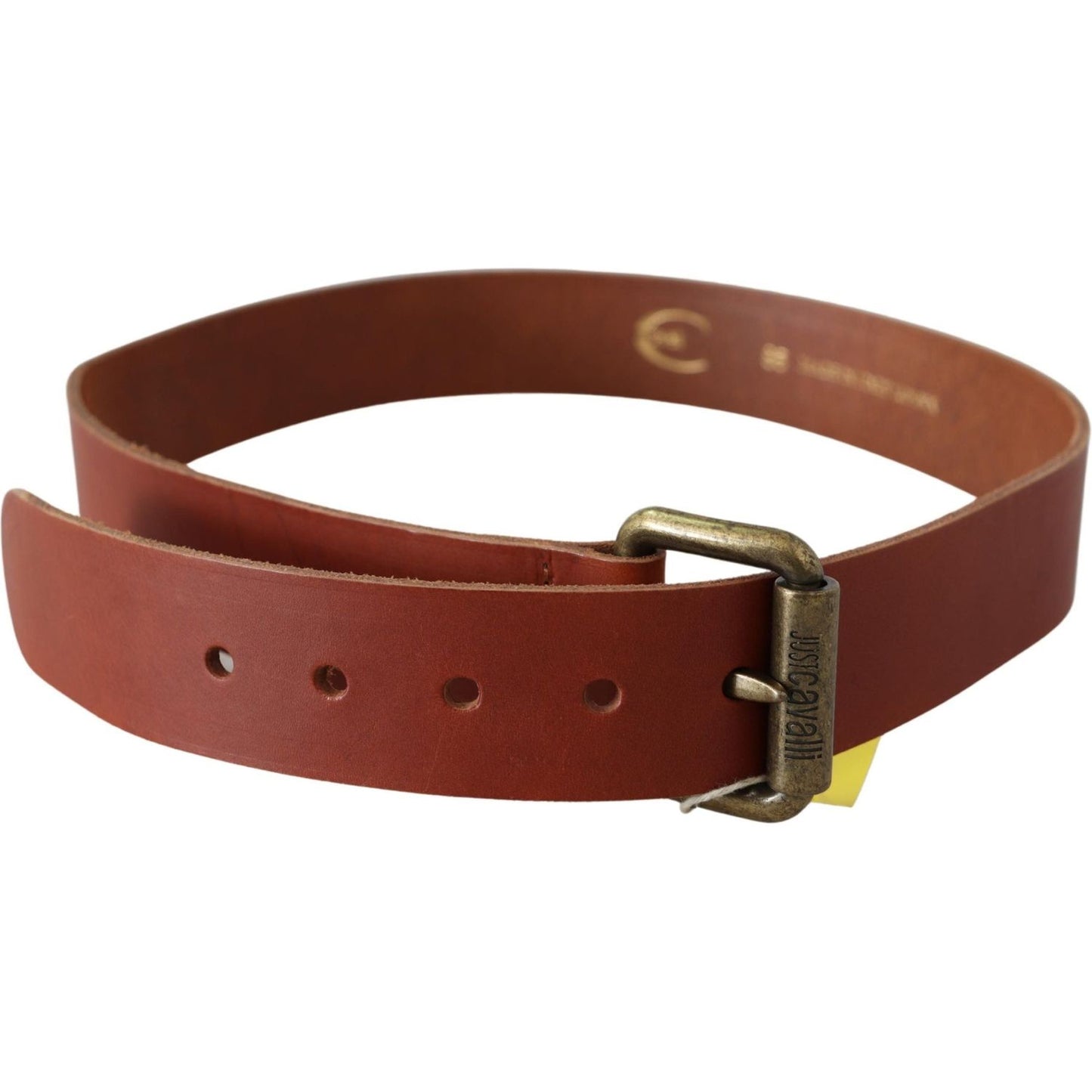 Just Cavalli Brown Leather Logo Bronze Rustic Metal Buckle Belt