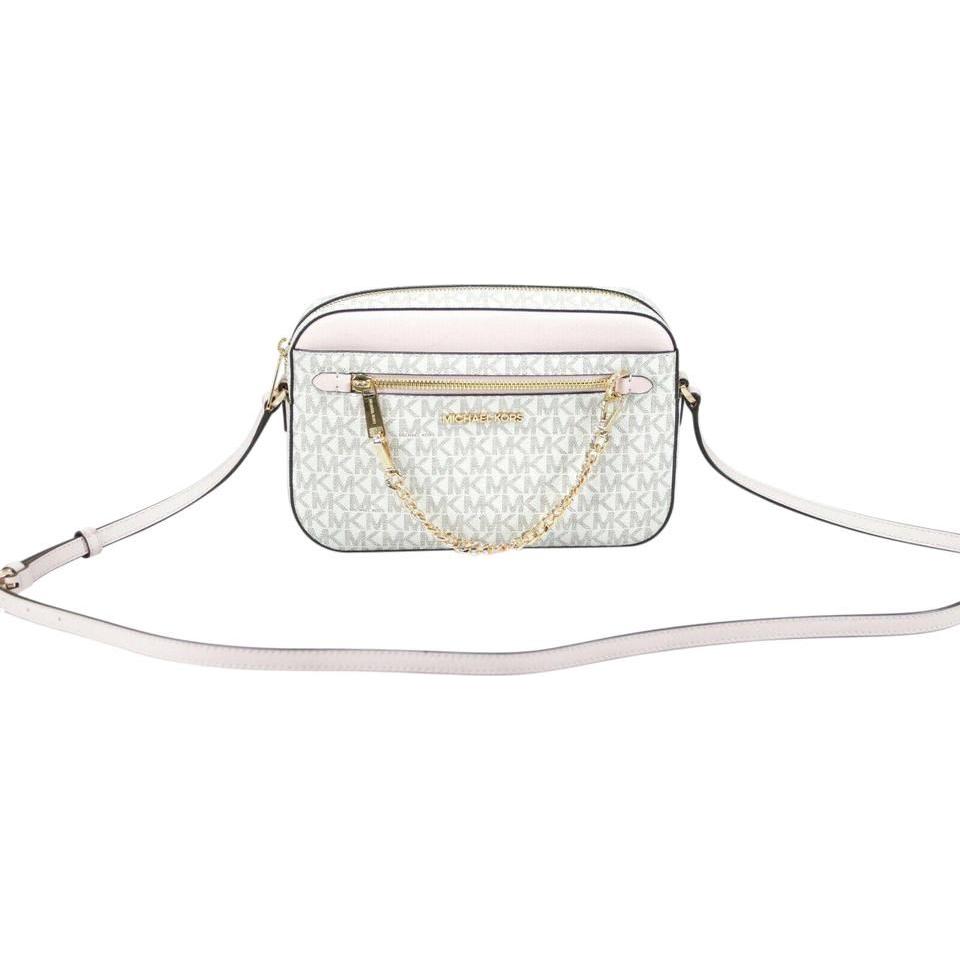 Michael Kors Jet Set Item Large East West Signature Leather Zip Chain Crossbody Handbag (Vanilla PVC/Powder Blush) Michael Kors