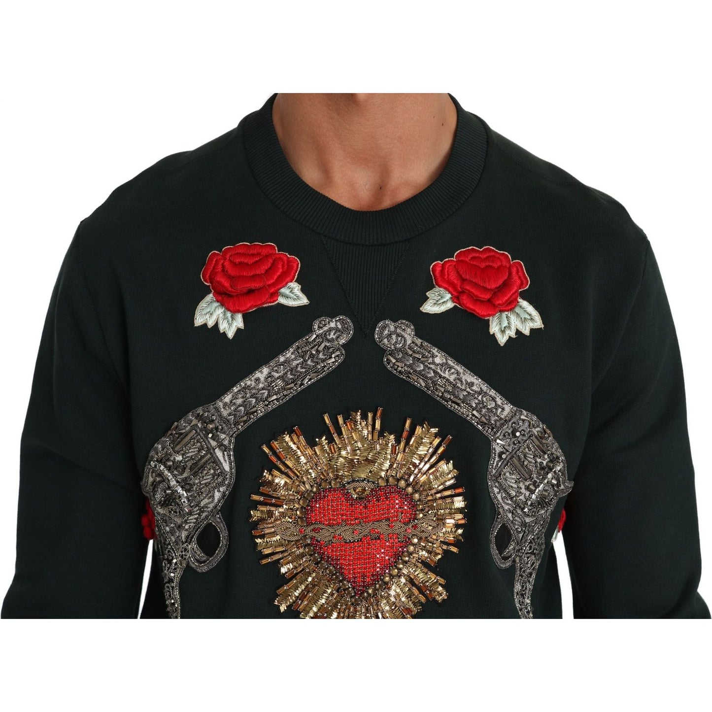 Dolce & Gabbana Green Crystal Heart Roses Gun Sweater