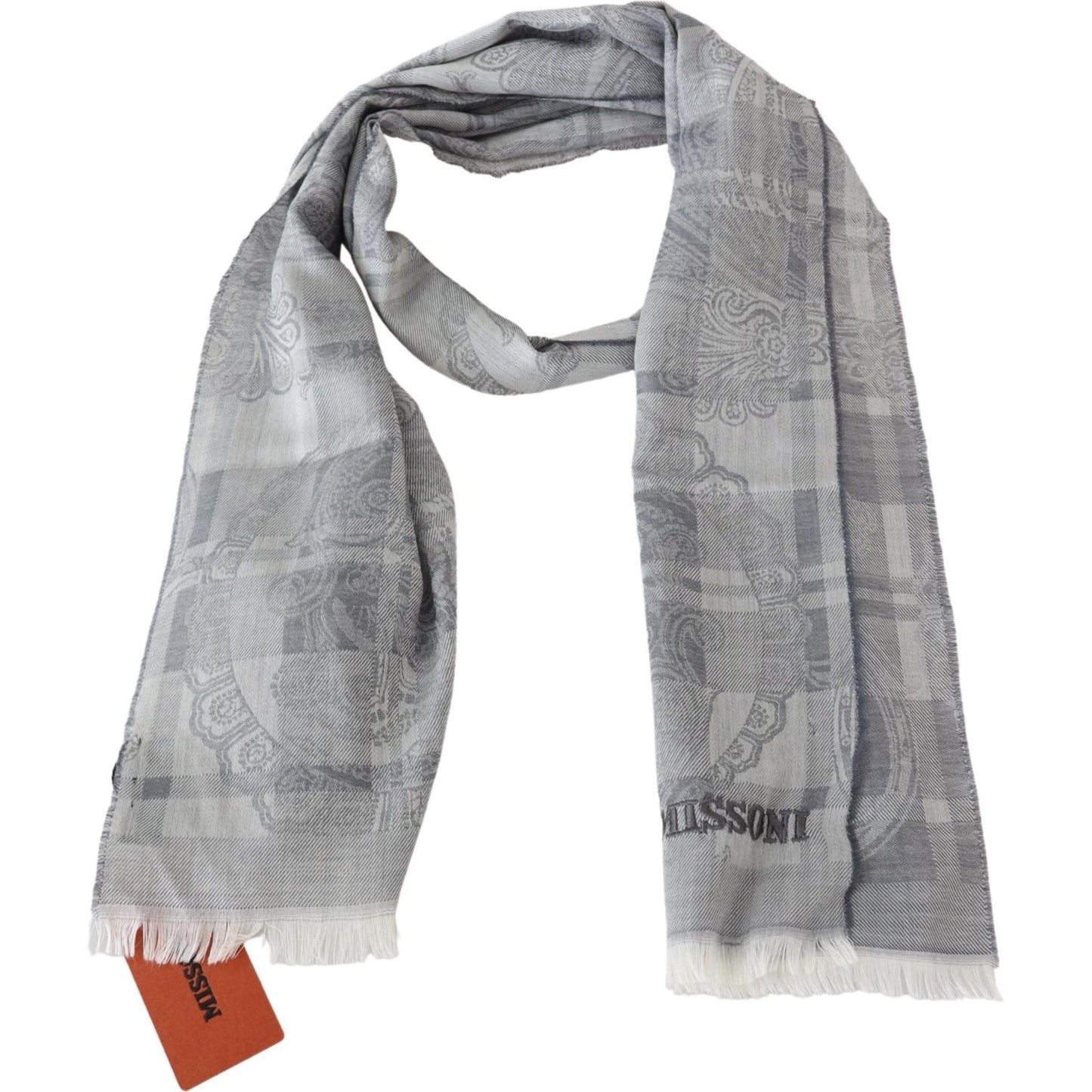 Missoni Chic Unisex Gray Wool Scarf with Logo Embroidery Missoni