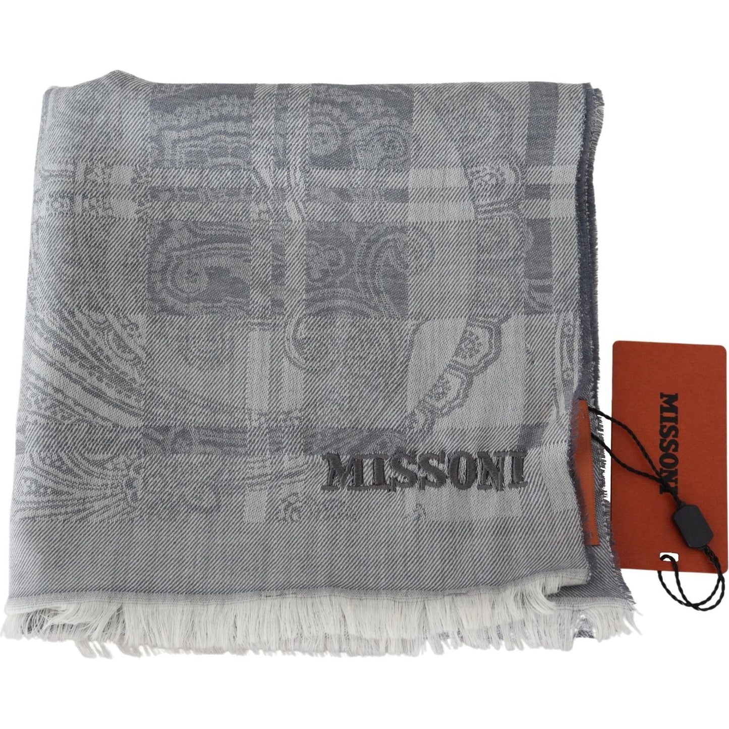 Missoni Chic Unisex Gray Wool Scarf with Logo Embroidery Missoni