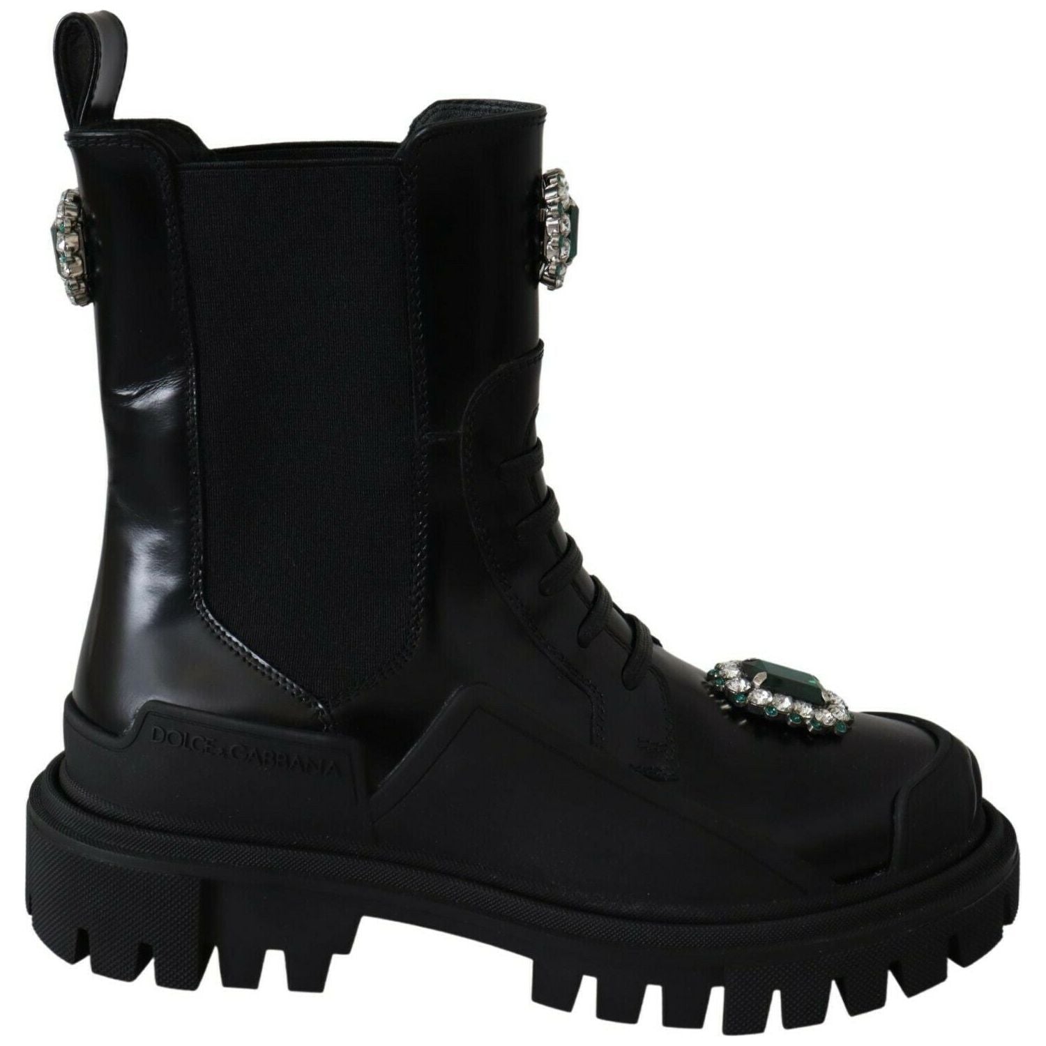 Dolce & Gabbana Black Leather Crystal Combat Boots