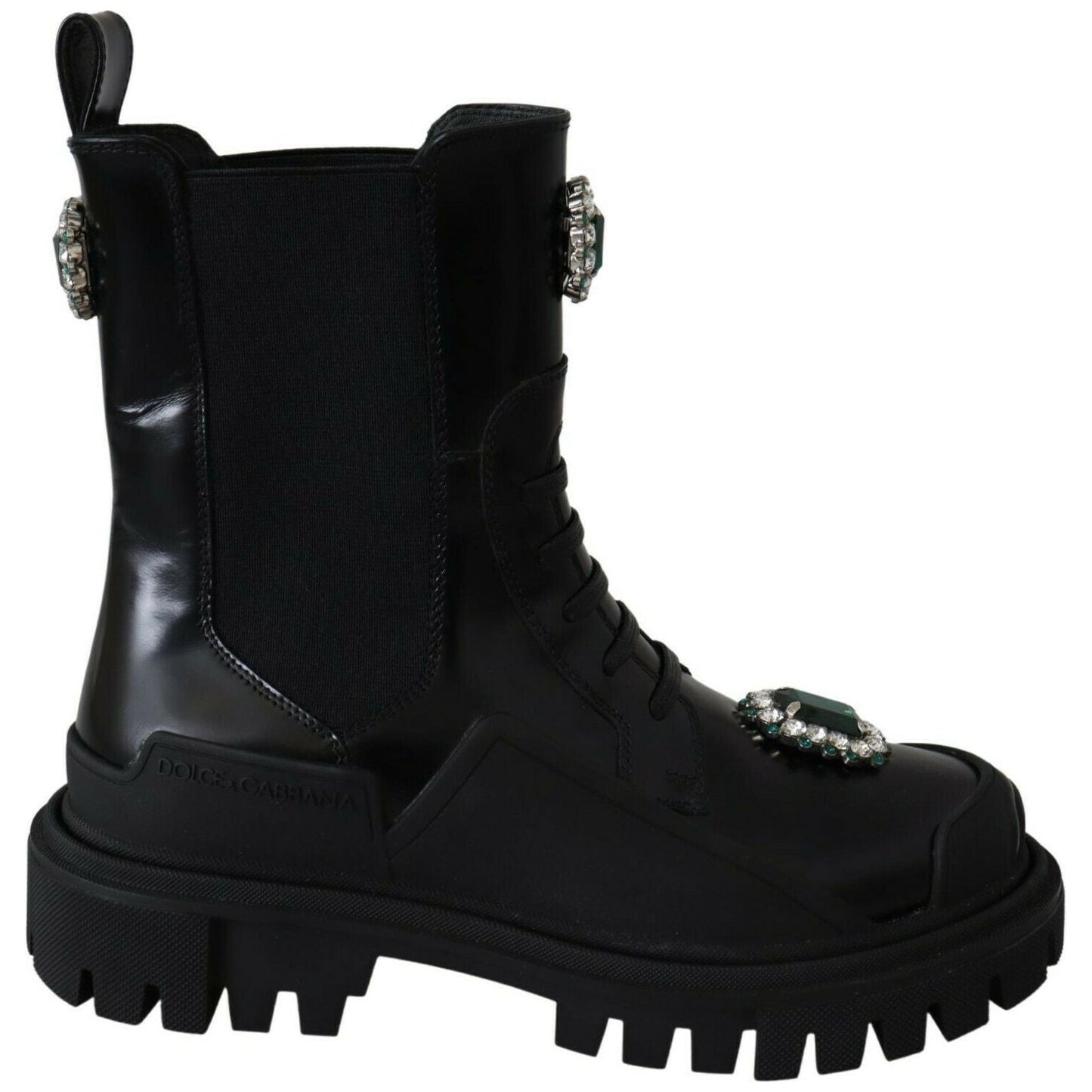 Dolce & Gabbana Elegant Black Leather Combat Boots with Crystal Detail Dolce & Gabbana