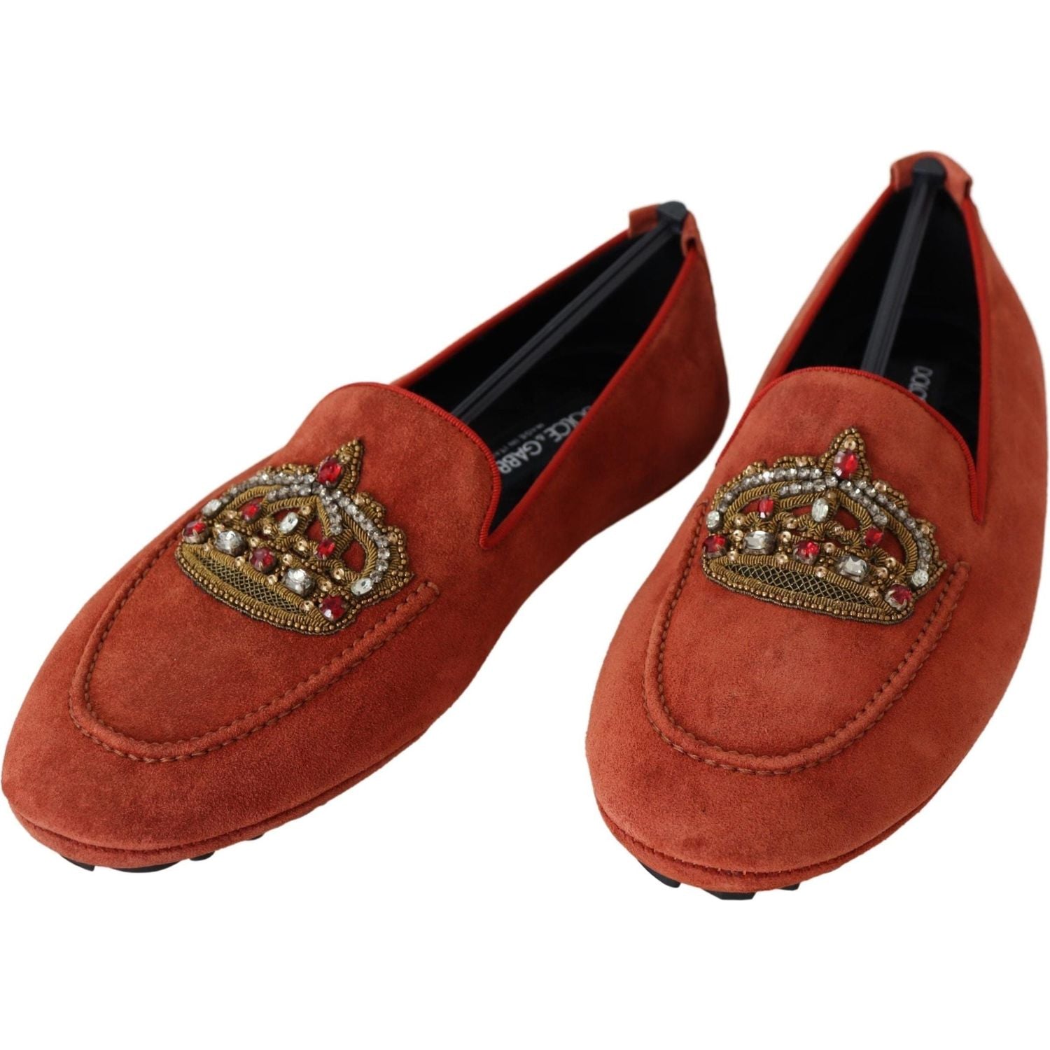 Dolce & Gabbana Orange Leather Crystal Crown  Loafers Shoes