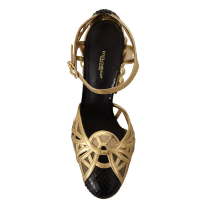Dolce & Gabbana Black Gold Leather Studded Ankle Straps Shoes