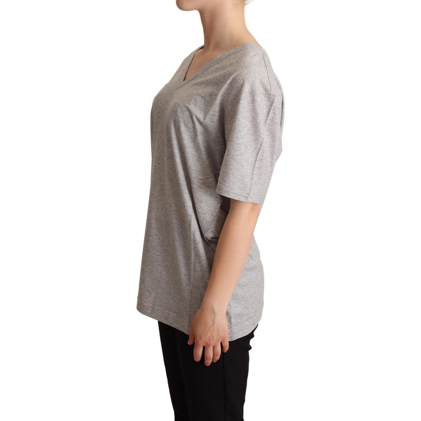 Dolce & Gabbana Gray Solid 100% Cotton V-neck Top T-shirt