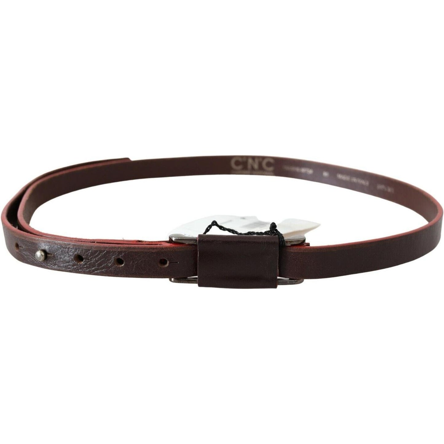 Costume National Brown Leather Double Rustic Silver Buckle Belt
