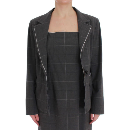 BENCIVENGA Gray Checkered Cotton Blazer Dress Set Suit