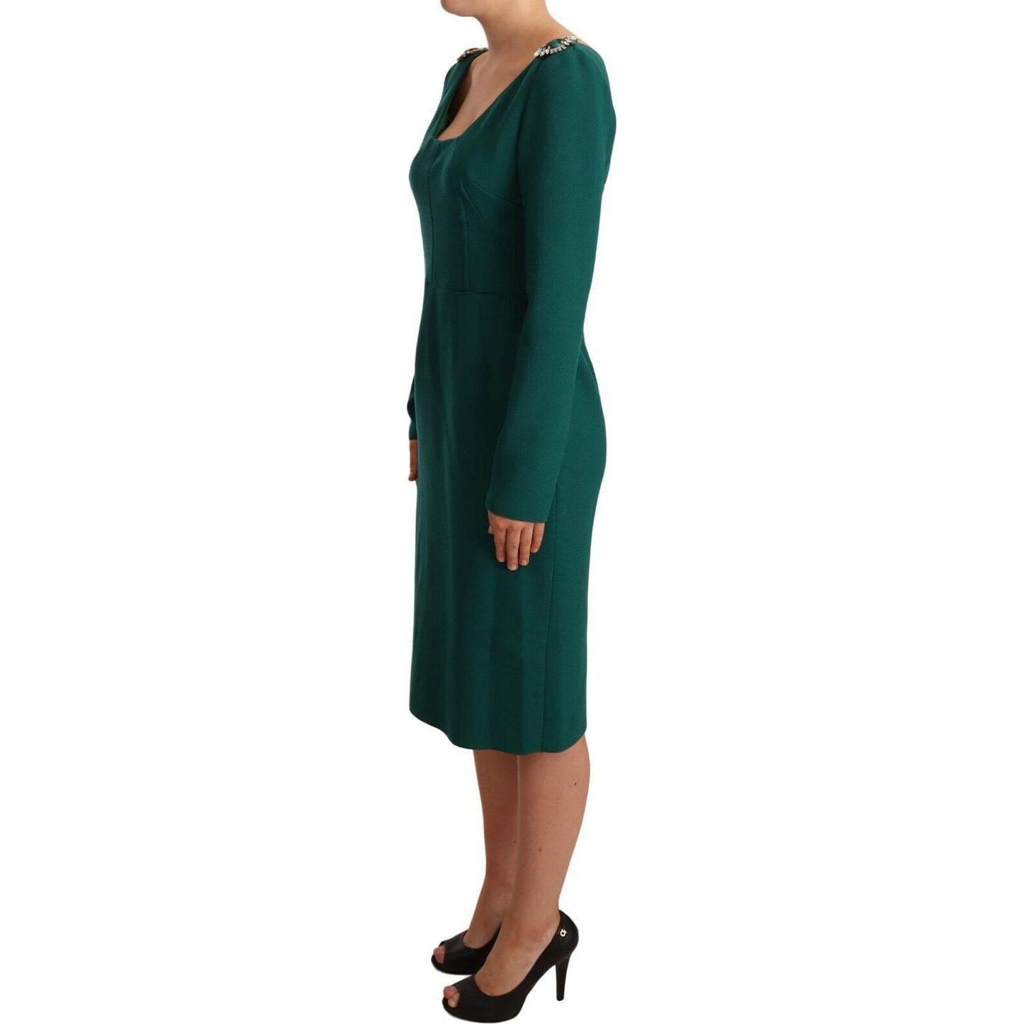 Dolce & Gabbana Emerald Green Midi Sheath Dress with Crystal Brooch Dolce & Gabbana