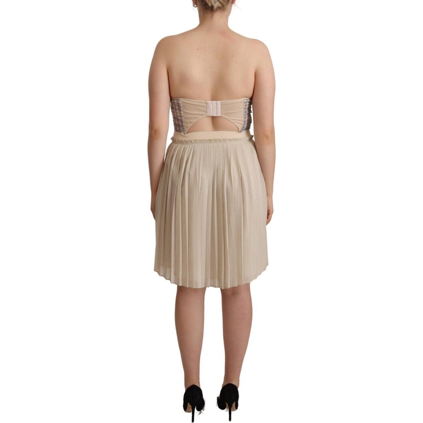 Guess Beige Checkered Pleated A-line Strapless Bustier Dress