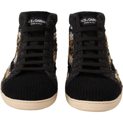 Dolce & Gabbana Beige Brown Wool Cotton High Top Sneakers Dolce & Gabbana