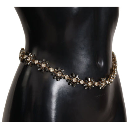 Dolce & Gabbana Black Daisy Crystal Dauphine Texture Belt