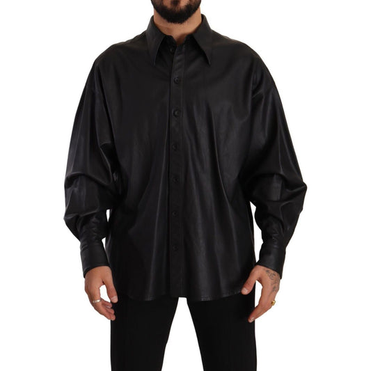 Dolce & Gabbana Black Leather Button Down Men Collared Jacket