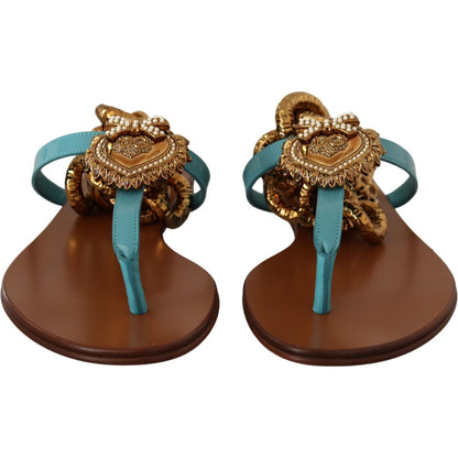 Dolce & Gabbana Blue Leather Devotion Flats Sandals