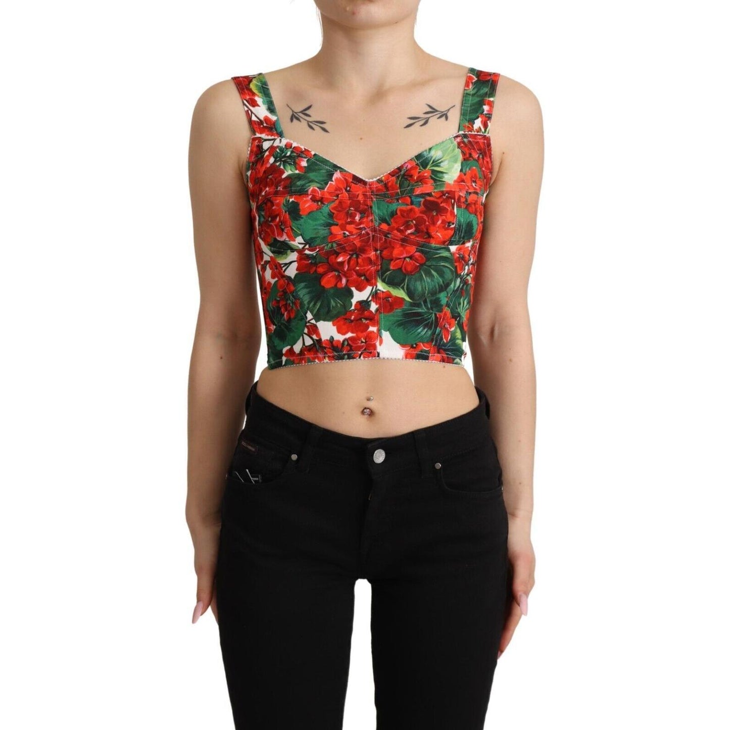 Dolce & Gabbana Elegant Red Cropped Top with Geranium Print Dolce & Gabbana