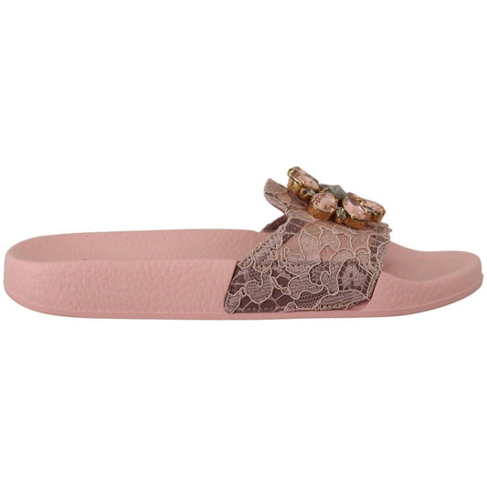 Dolce & Gabbana Floral Lace Crystal Embellished Slide Flats Dolce & Gabbana