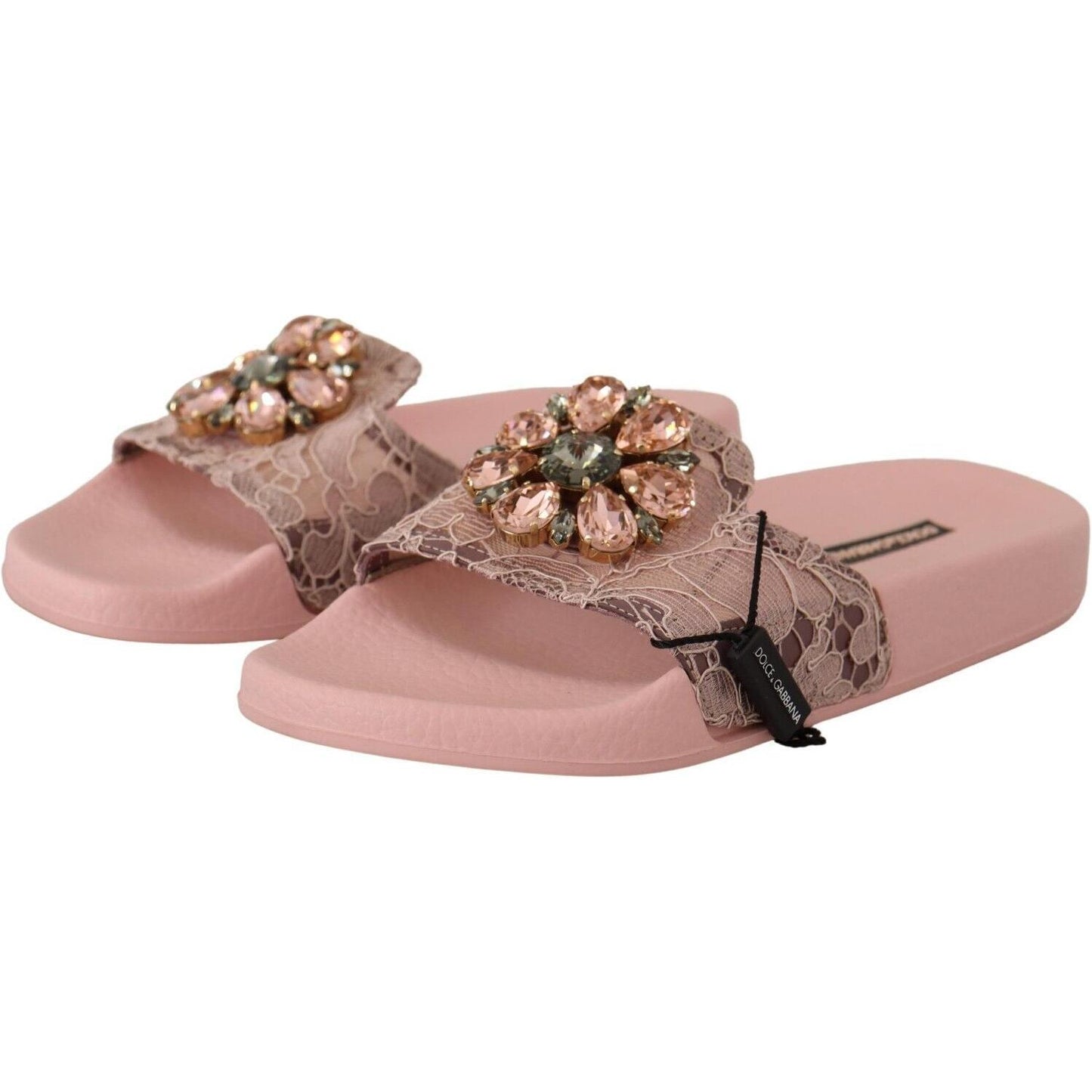 Dolce & Gabbana Floral Lace Crystal Embellished Slide Flats Dolce & Gabbana