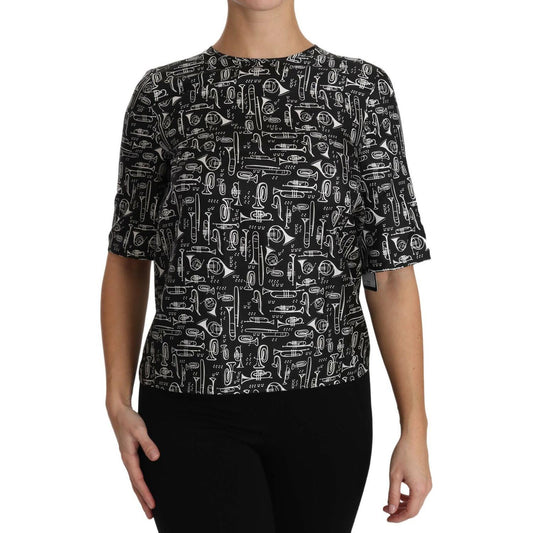 Dolce & Gabbana Black Musical Instruments Print Silk Blouse