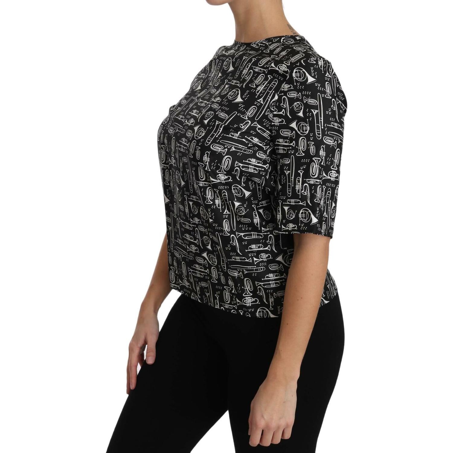 Dolce & Gabbana Black Musical Instruments Print Silk Blouse