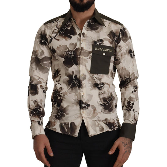Dolce & Gabbana Green Beige Floral Cotton Stretch Exclusive Shirt Dolce & Gabbana