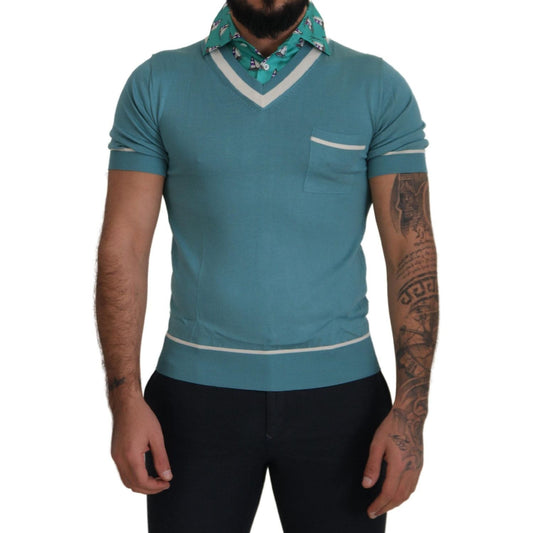 Dolce & Gabbana Blue Silk Polo Top Mens V-neck T-shirt Dolce & Gabbana
