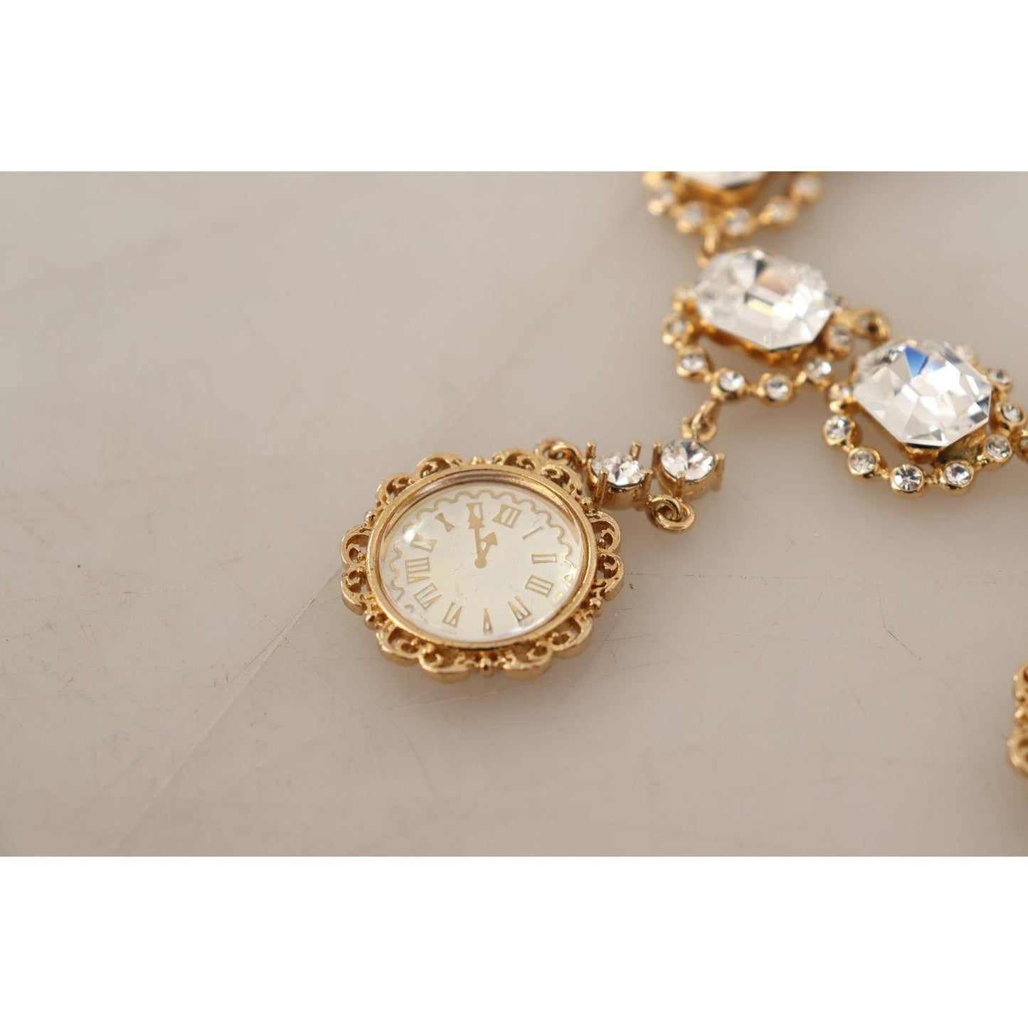 Dolce & Gabbana Gold Clock Statement Crystal Chain Necklace