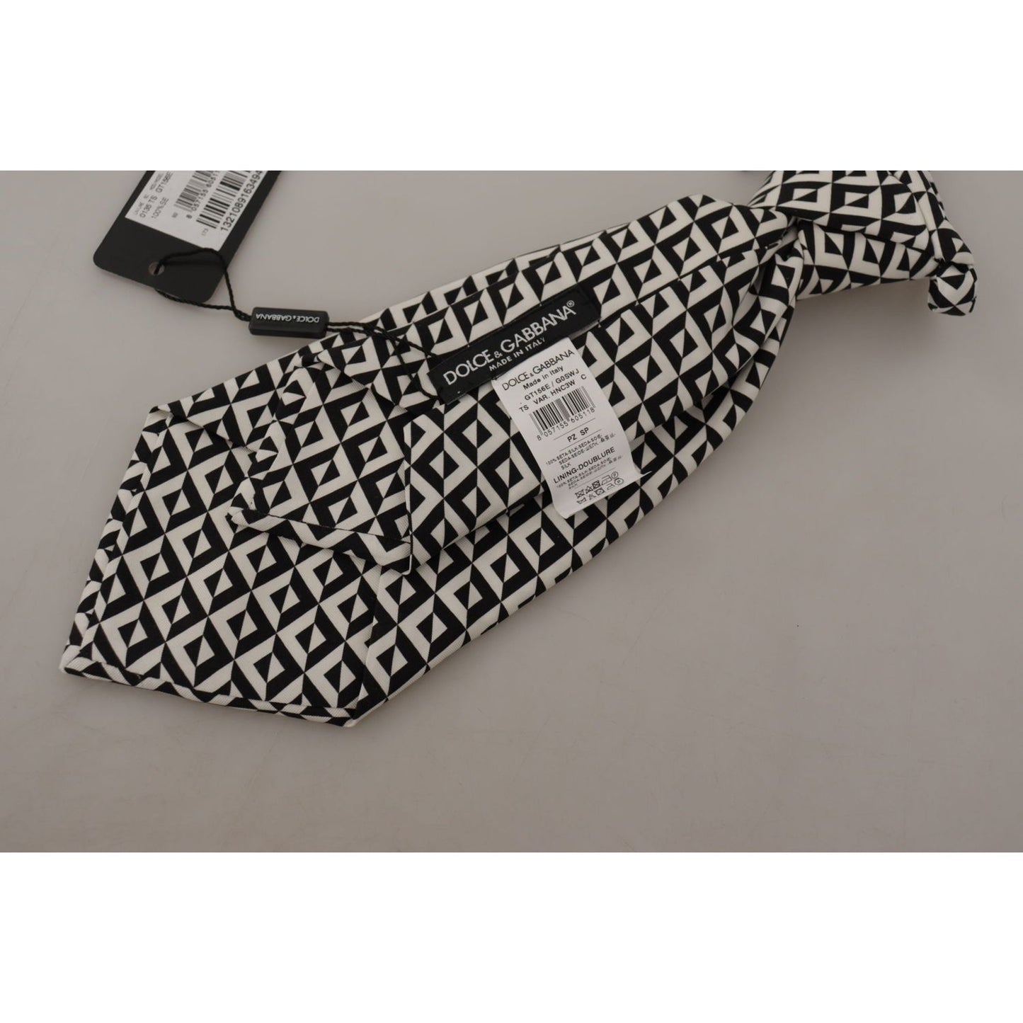 Dolce & Gabbana Black White Geometric 100% Silk Adjustable Accessory Tie