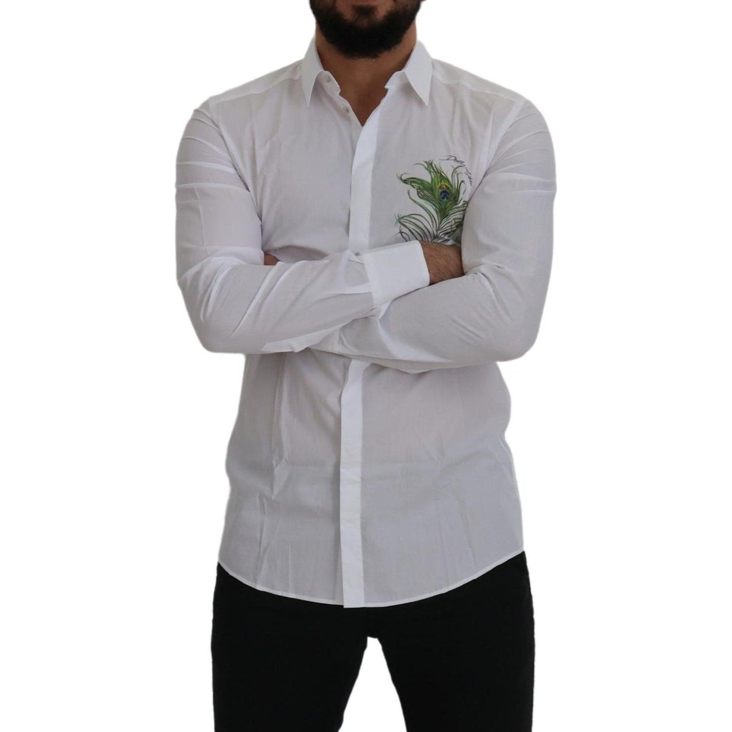 Dolce & Gabbana Elegant White Peacock Feather Dress Shirt Dolce & Gabbana