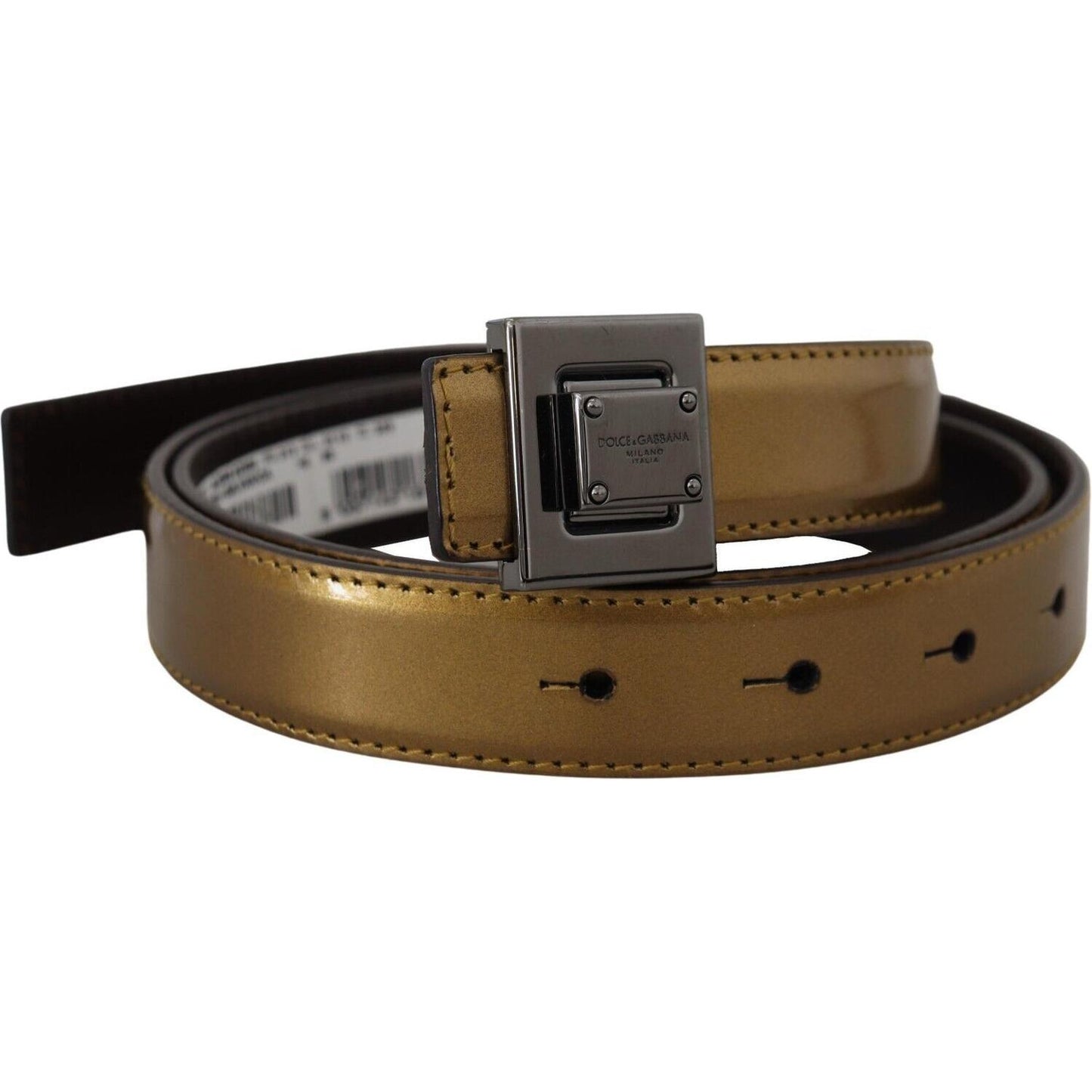 Dolce & Gabbana Gold Leather Silver Square Metal Buckle Belt