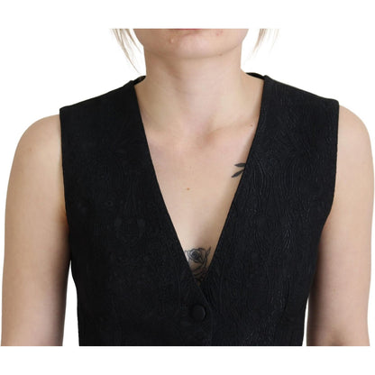 Dolce & Gabbana Black Brocade Button Down Sleeveless Vest Top