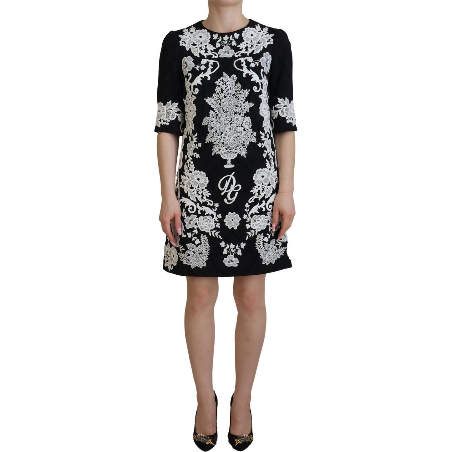 Dolce & Gabbana Elegant Black A-Line Mini Dress with Lace Trim Dolce & Gabbana