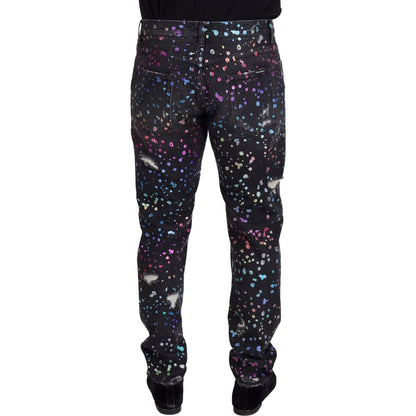 Dolce & Gabbana Black Multicolor Print Tattered Denim Jeans