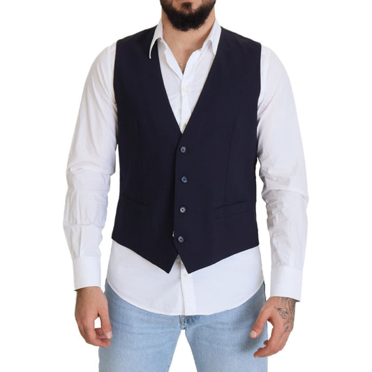 Dolce & Gabbana Dark Blue Wool Stretch Waistcoat Formal Vest