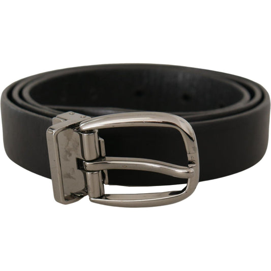 Dolce & Gabbana Black Leather Chrome Logo Metal Buckle Belt